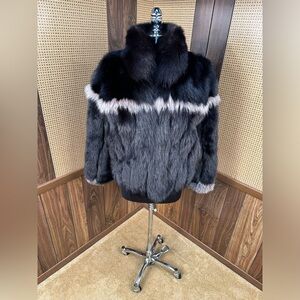 DAMSELLE DESIGNER DYED BLACK FOX & SILVER FUR COAT JACKET MEDIUM
